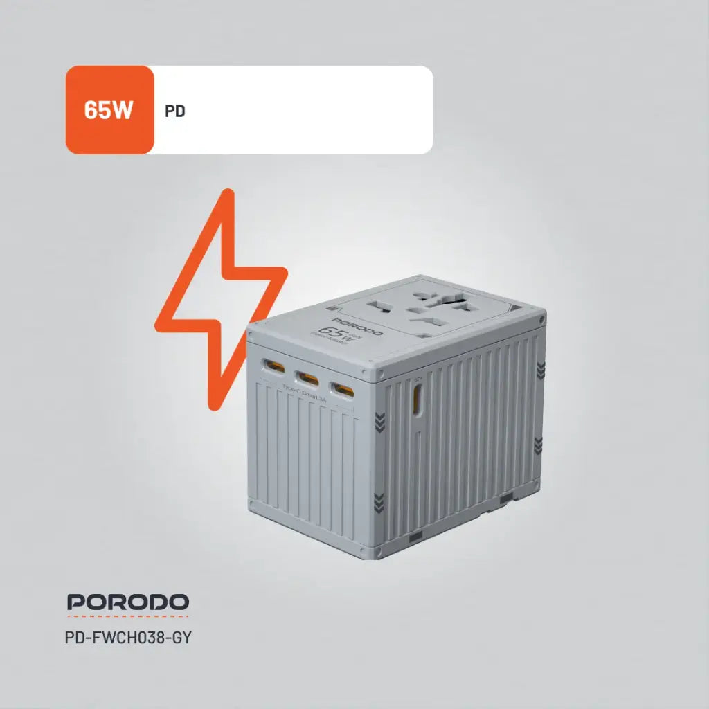 PD-FWCH038-GY , Porodo Fwc038 Gan 5-Port Travel Block Universal Charger-Grey