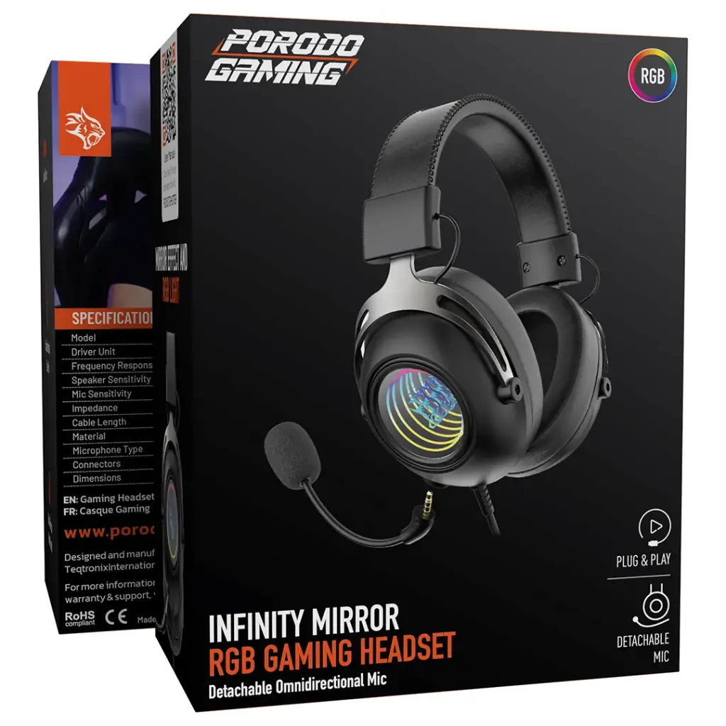 PDXSTGHS759BK| Porodo Gaming Infinity Mirror Rgb Gaming Headset With Detachable Omnidirectional Mic | Black