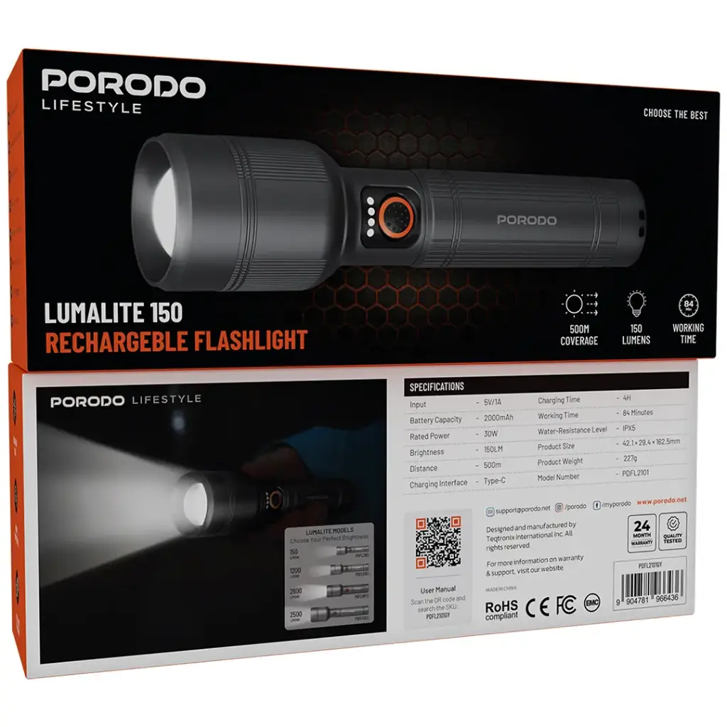 Porodo Lifestyle Lumalite 150 Rechargeable Flashlight - Gray