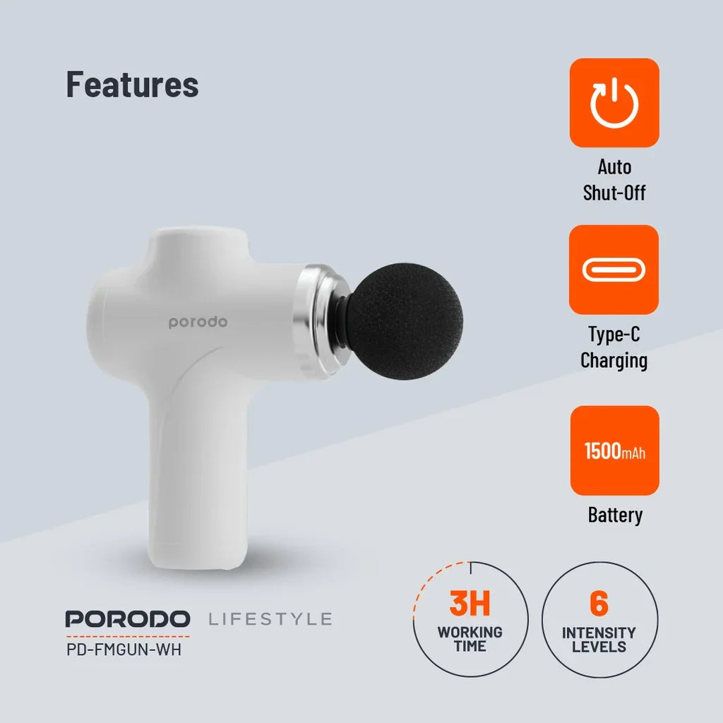 Porodo Lifestyle Precision Handheld Massager with 4 Interchangeable Head - White