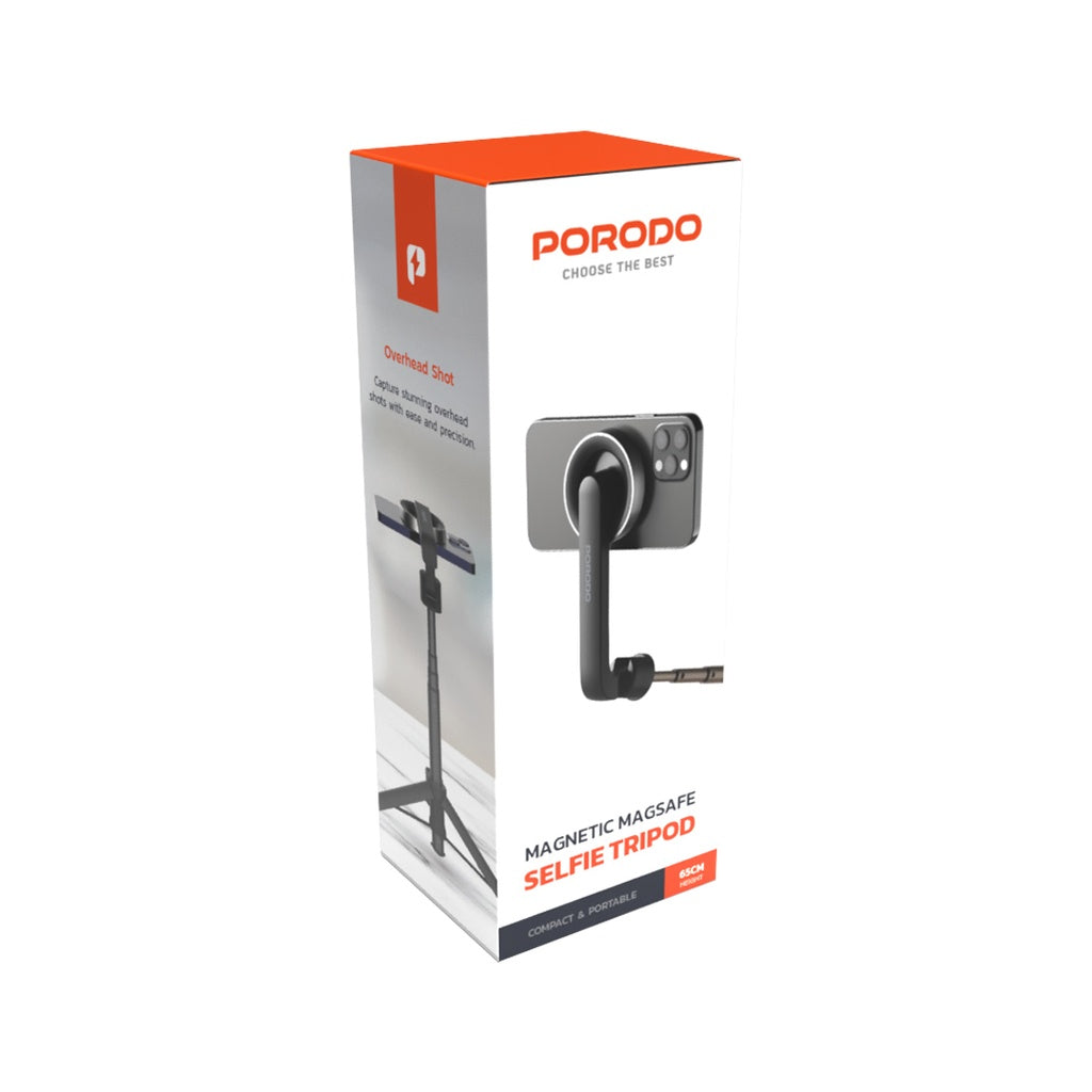 Porodo Magnetic Selfie Stick 64.5cm Extendable with 3 Leg Tripod and Remote Control - Black (PD-MGS64-BK)