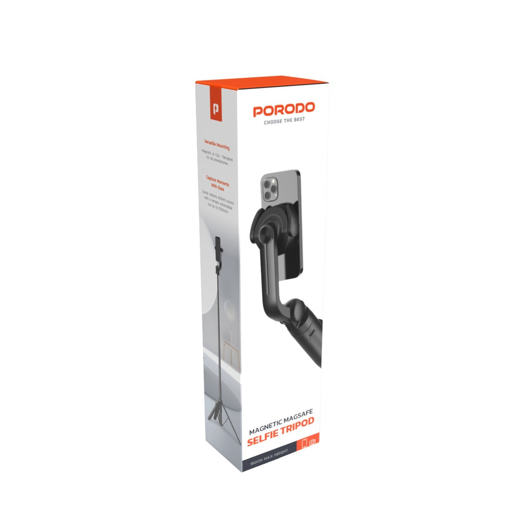 Porodo Magnetic Selfie Stick 150 Cm Extendable With 3Leg Tripod And Remote Control-Blac( PD-MGS150-Bk)