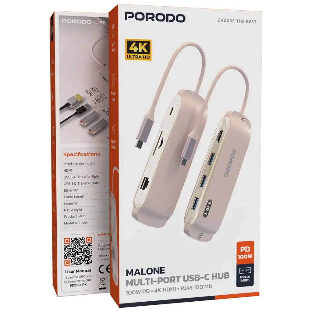PDBS8HPK | Porodo Malone Multi-Port USB-C Hub | Pink