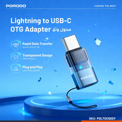 PDLTOC50GY | Porodo MiniLink Transparent OTG Adapter Lightning to USB-C | Grey