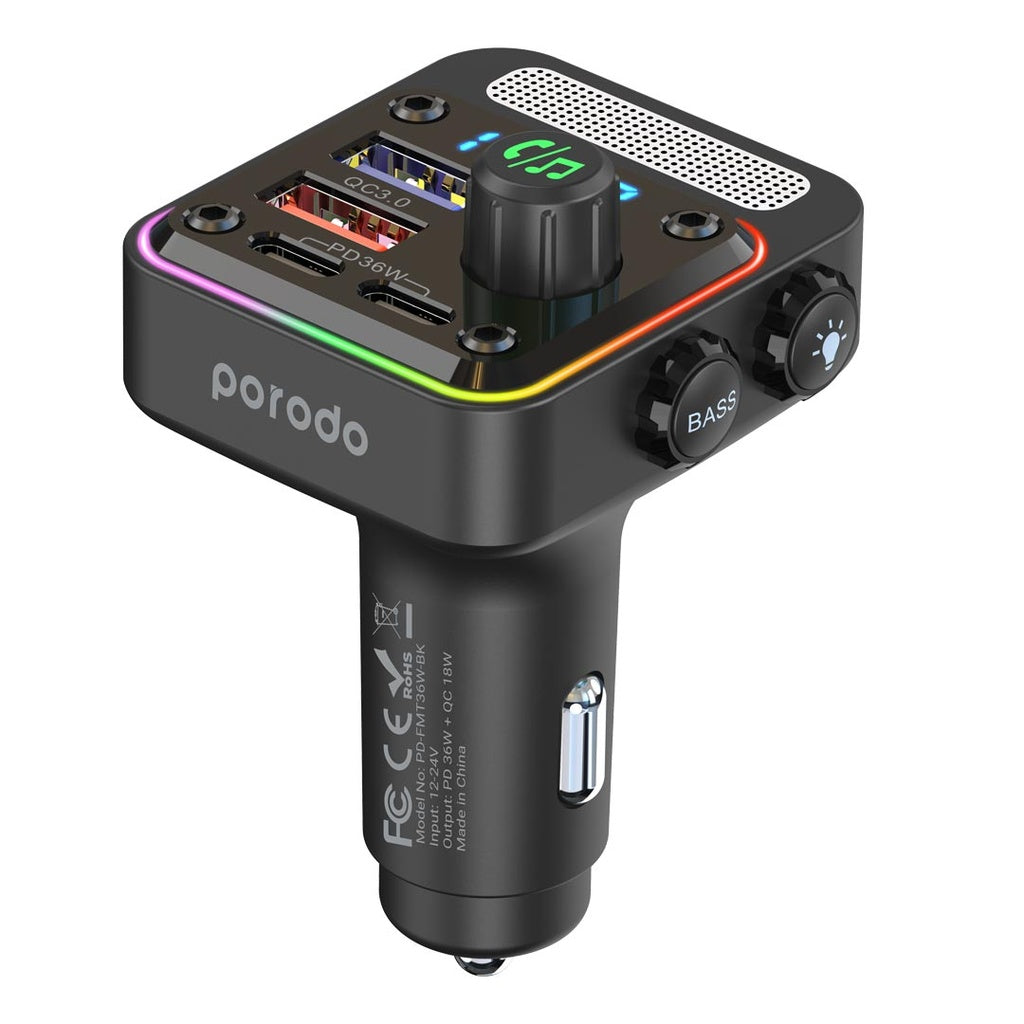 PD-FMT36W-BK ,  Porodo Quick-Charge FM Car Charger Dual USB-C & USB-A-Black