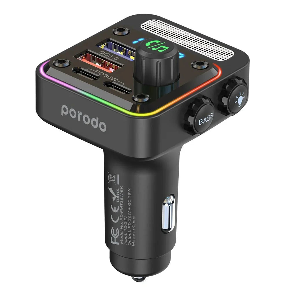 PD-FMT36W-BK ,  Porodo Quick-Charge FM Car Charger Dual USB-C & USB-A-Black