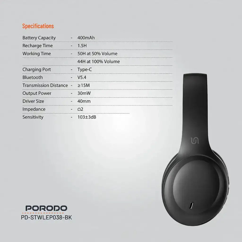 PD-STWLEP038-BK , Porodo Soundtec Primo Wireless Headphone ENC & Low-Latency Gaming Mode - Black - GulfStore.com