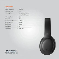 PD-STWLEP038-BK , Porodo Soundtec Primo Wireless Headphone ENC & Low-Latency Gaming Mode - Black - GulfStore.com