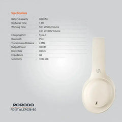 PD-STWLEP038-BG , Porodo Soundtec Primo Wireless Headphone ENC & Low-Latency Gaming Mode - Beige - GulfStore.com