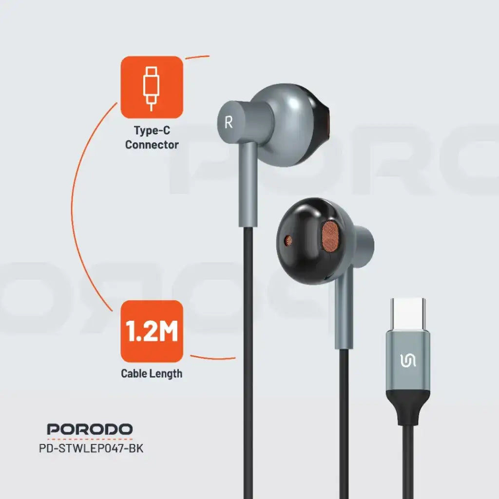 PD-STWLEP047-BK , Porodo Soundtec Stereo Earphones 1.2M -Black - GulfStore.com