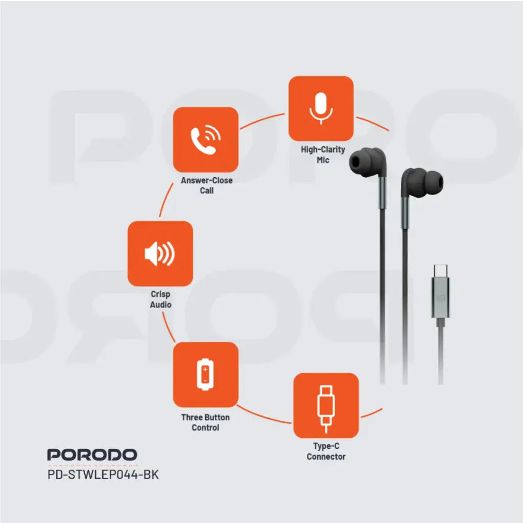 PD-STWLEP044-BK , Porodo Stereo Earphones Type C Connector - Black