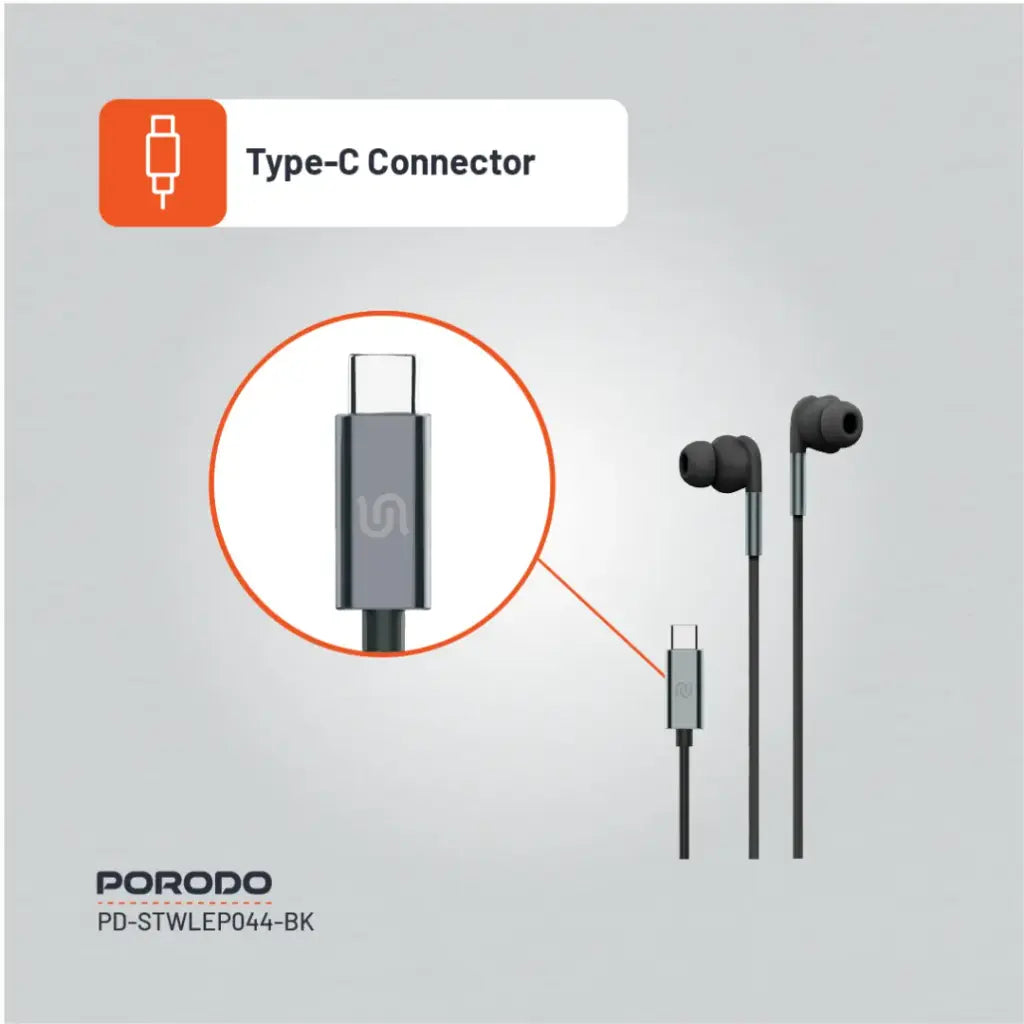 PD-STWLEP044-BK , Porodo Stereo Earphones Type C Connector - Black