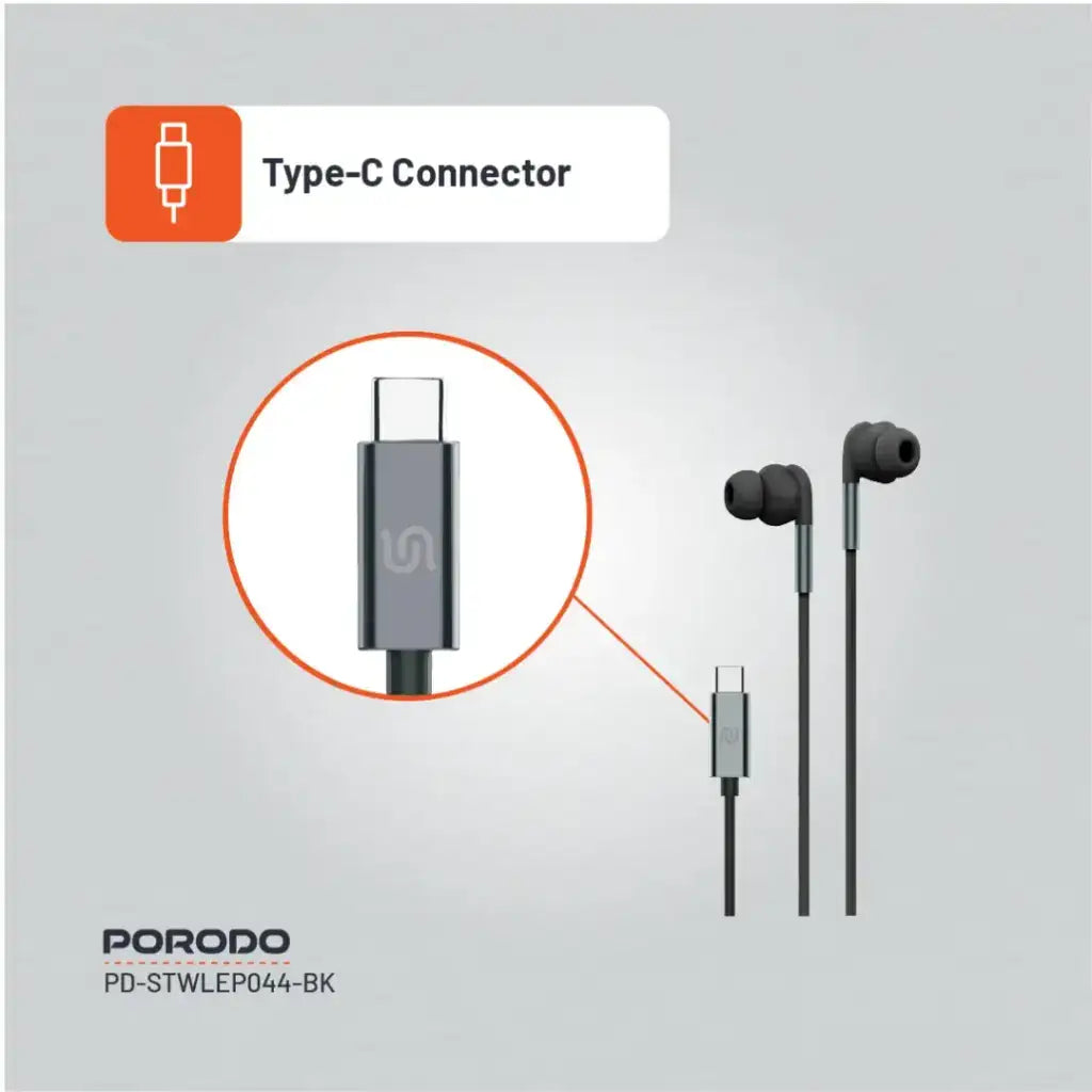 PD-STWLEP044-BK , Porodo Stereo Earphones Type C Connector - Black - GulfStore.com