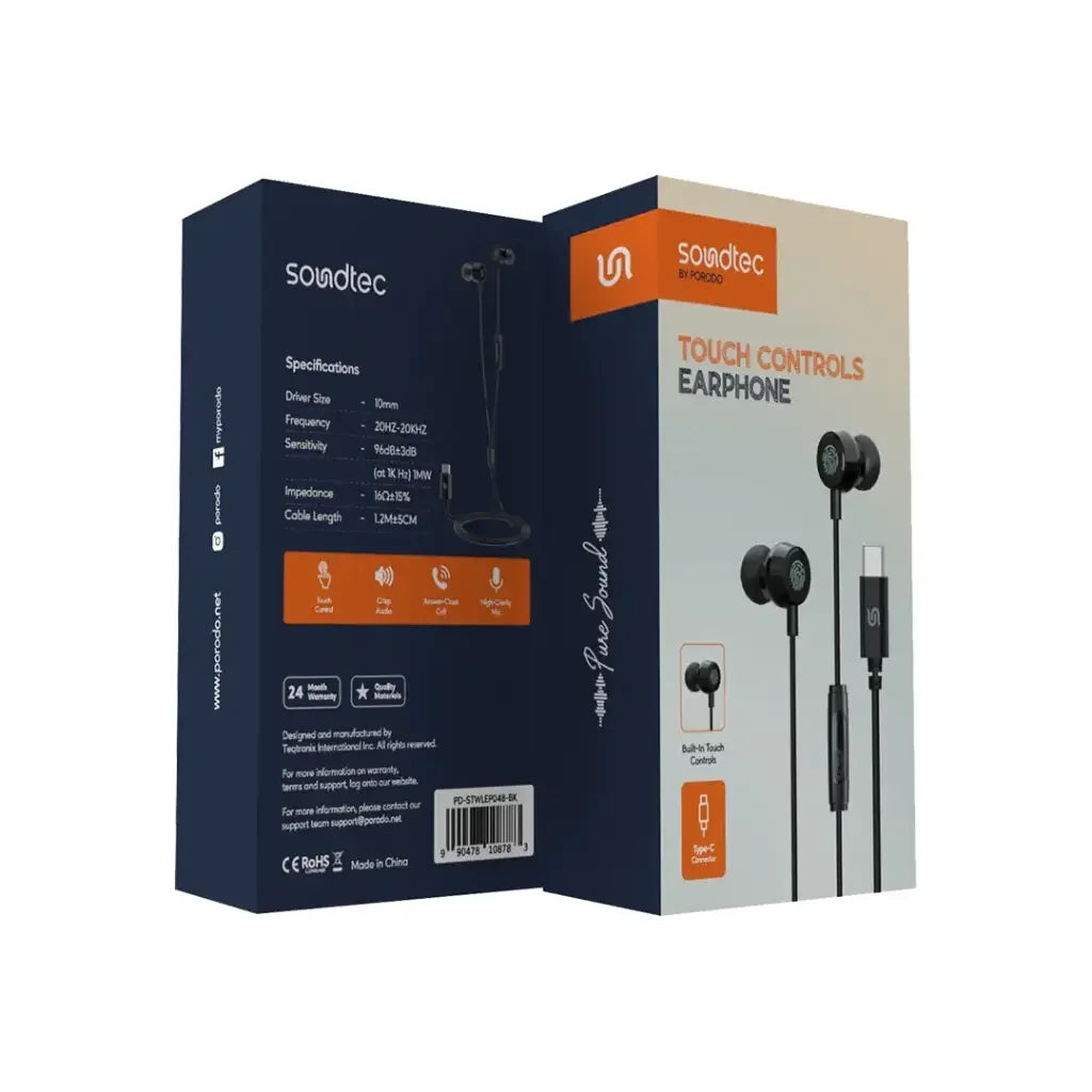 Porodo Soundtec Touch Controls Earphones- Black (PD-STWLEP048-BK)