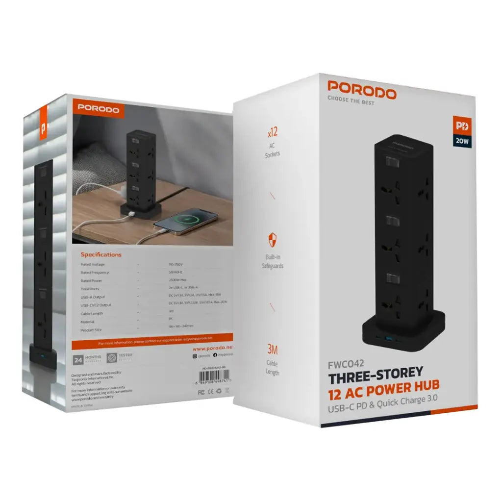 PD-FWCH042-BK , Porodo Three-Story 12AC Power Hub With USB-C PD & Quick Charge 3.0 - Black