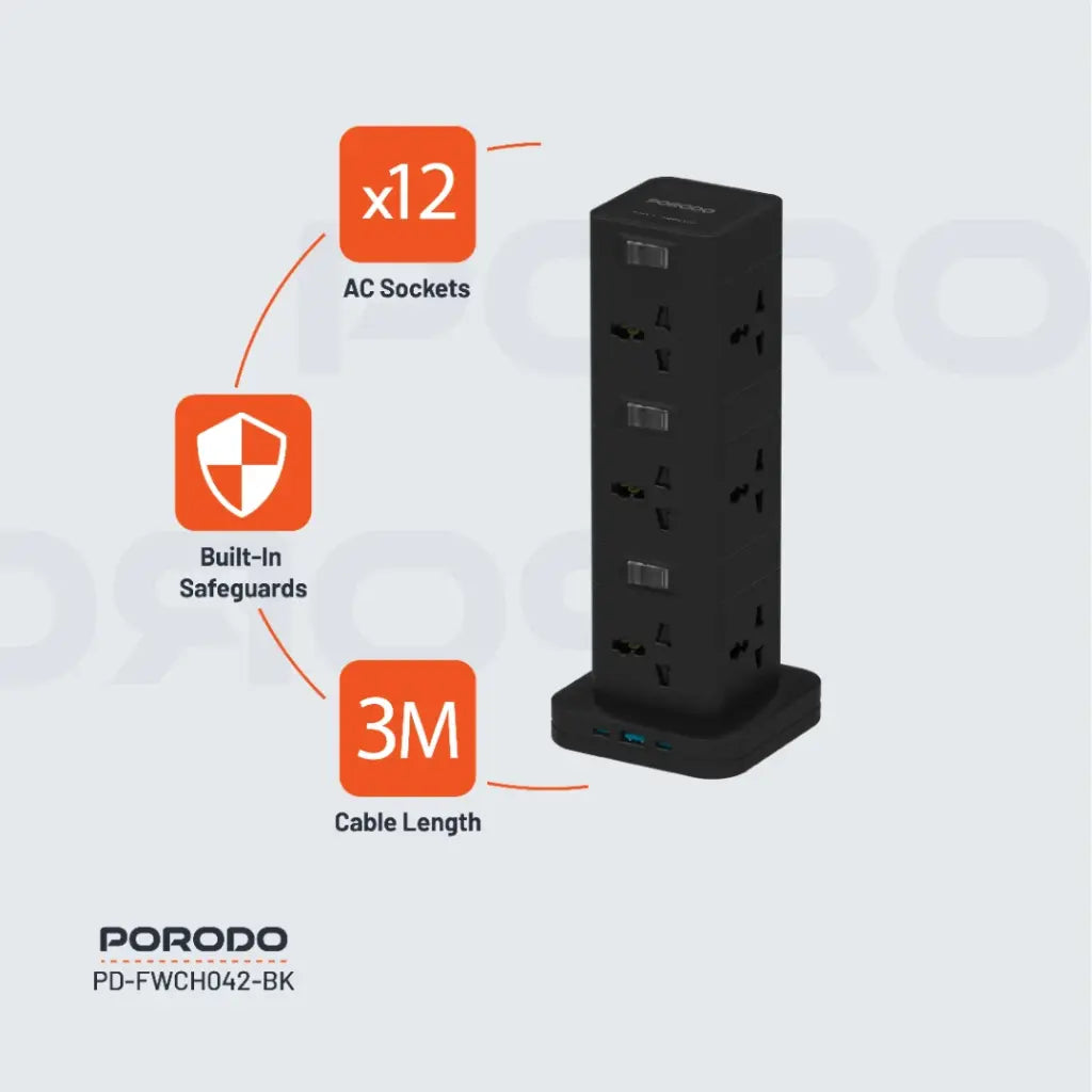 PD-FWCH042-BK , Porodo Three-Story 12AC Power Hub With USB-C PD & Quick Charge 3.0 - Black