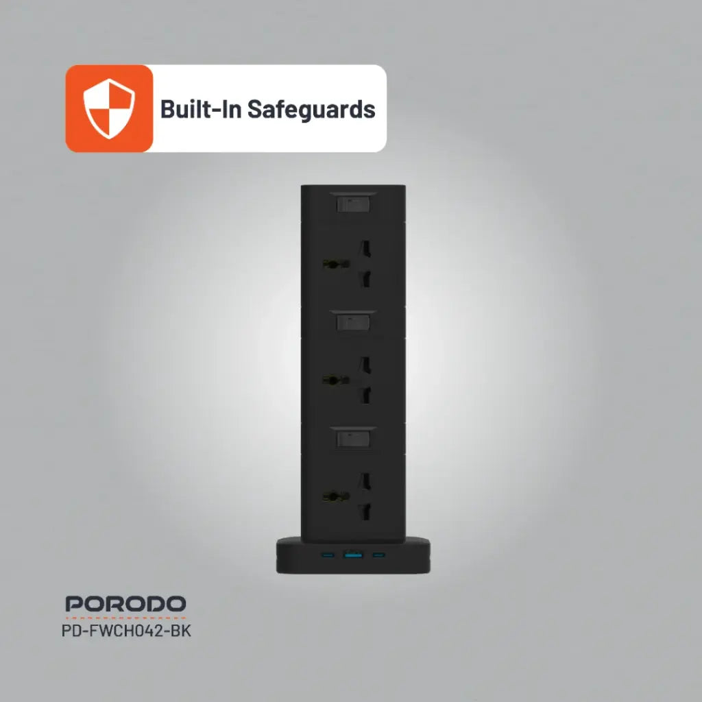PD-FWCH042-BK , Porodo Three-Story 12AC Power Hub With USB-C PD & Quick Charge 3.0 - Black