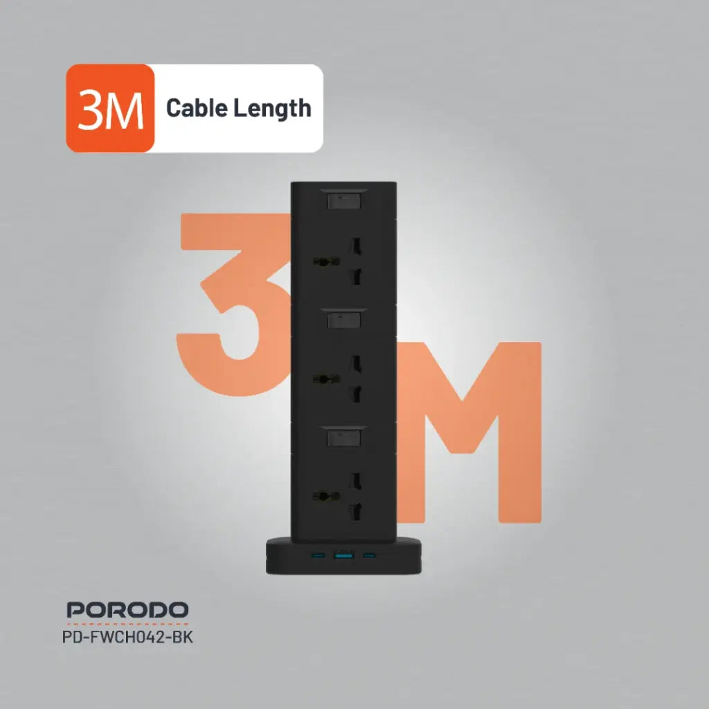 PD-FWCH042-BK , Porodo Three-Story 12AC Power Hub With USB-C PD & Quick Charge 3.0 - Black