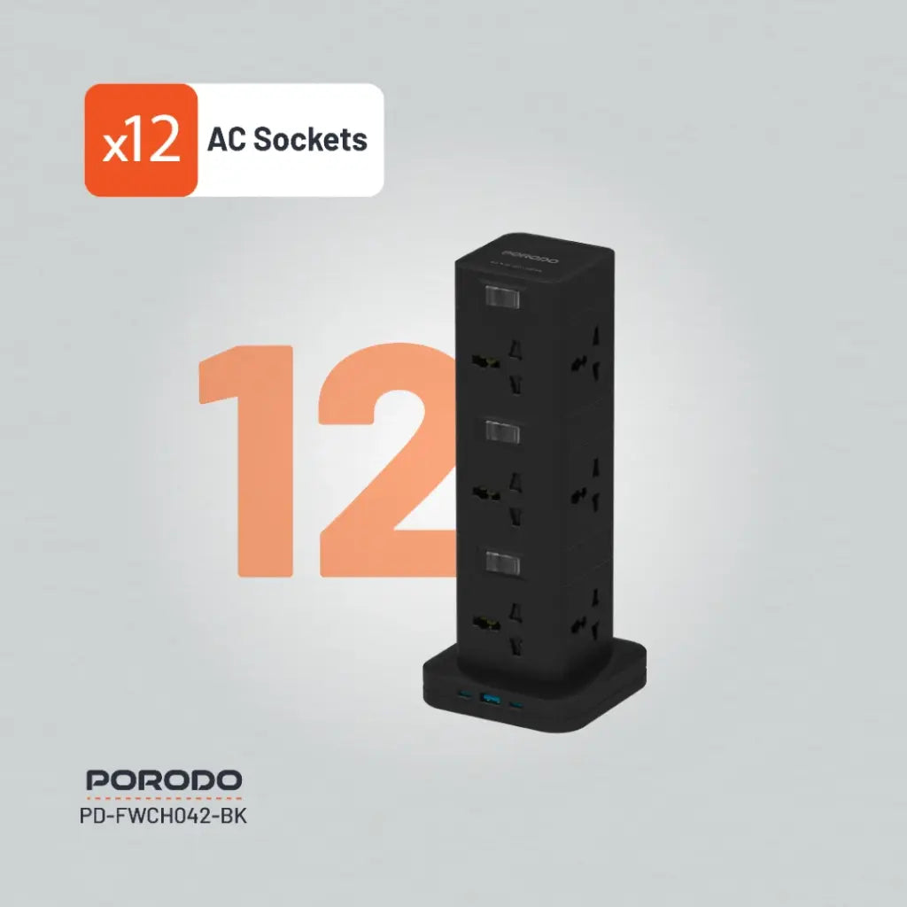 PD-FWCH042-BK , Porodo Three-Story 12AC Power Hub With USB-C PD & Quick Charge 3.0 - Black