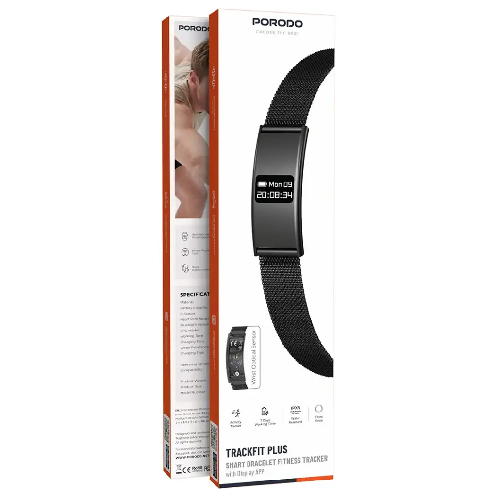 PDB8 | Porodo Trackfit Plus Smart Bracelet Fitness Tracker With Display App | Black - GulfStore.com