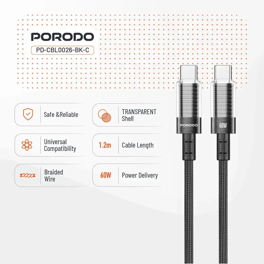 PD-CBL0026-BK-C | Porodo Transparent Shell USB-C To USB-C Cable | Black - GulfStore.com