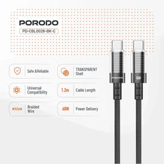 PD-CBL0026-BK-C | Porodo Transparent Shell USB-C To USB-C Cable | Black - GulfStore.com