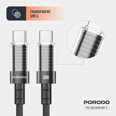 PD-CBL0026-BK-C | Porodo Transparent Shell USB-C To USB-C Cable | Black - GulfStore.com