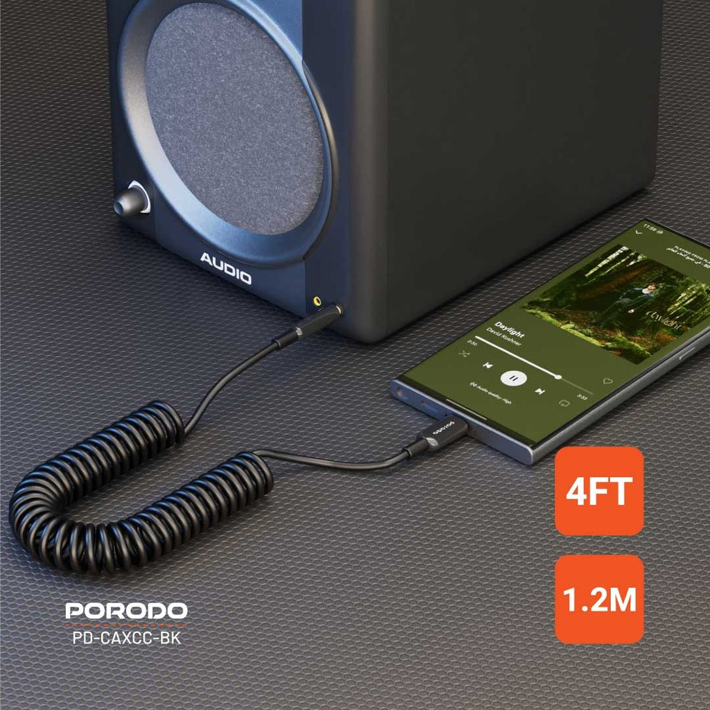 Porodo 3.5MM Type-C AUX Coiled Audio Cable Convenient Tangle-Free Design 1.2m - PD-CAXCC-BK