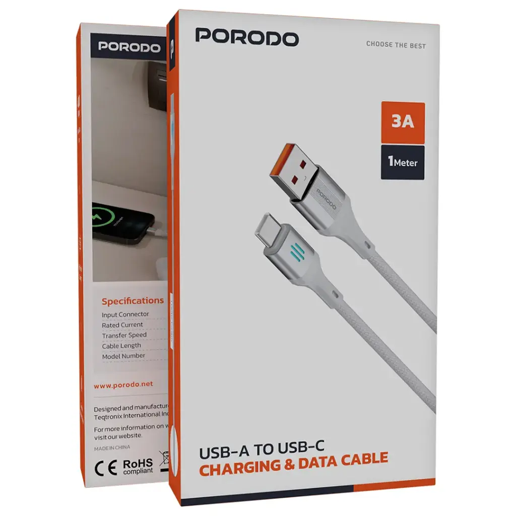 PDDC97 | Porodo Usb-A To Lightning Charging & Data Cable 1M  - Silver