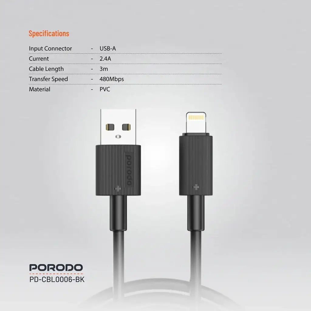 PD-CBL0006-BK , Porodo USB-A to Lightning Durable Charging Cable - Black - GulfStore.com