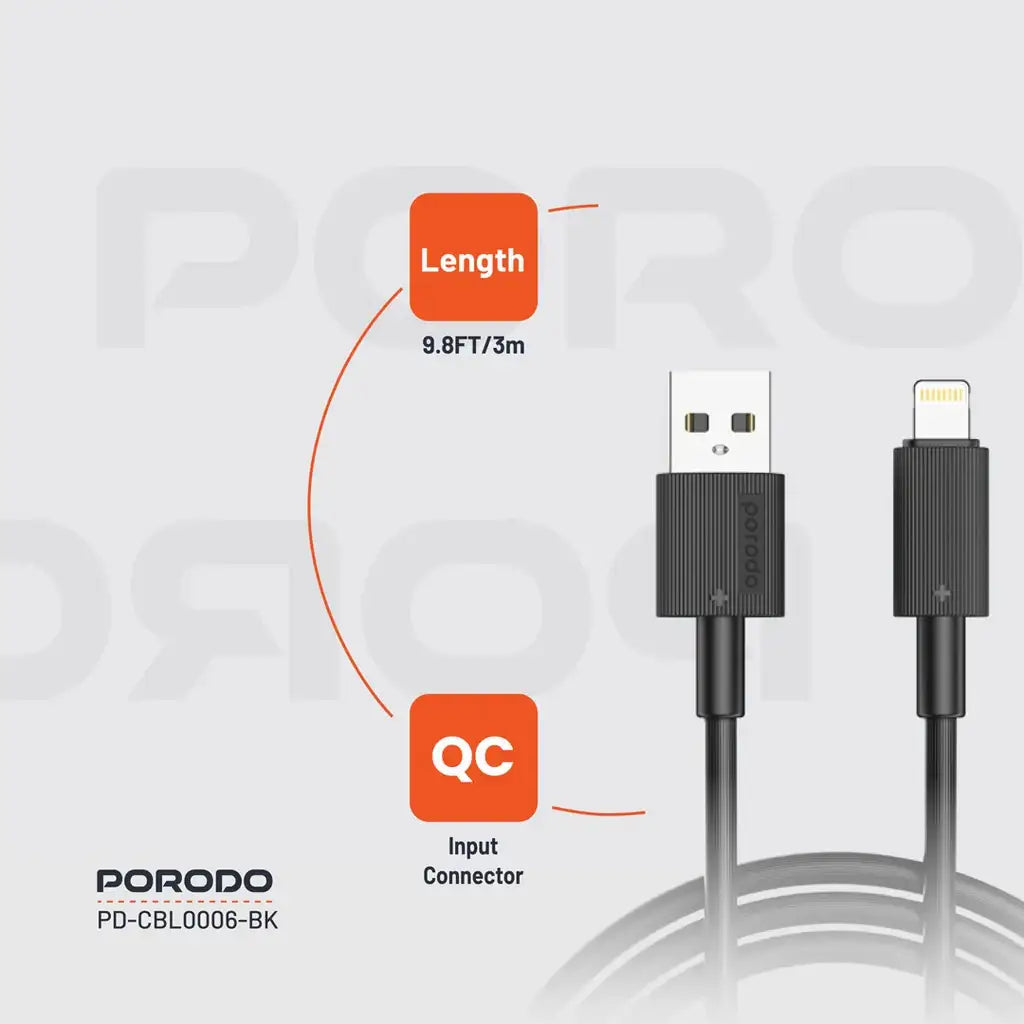 PD-CBL0002-BK , Porodo USB-A to Lightning Durable Charging Cable - Black - GulfStore.com