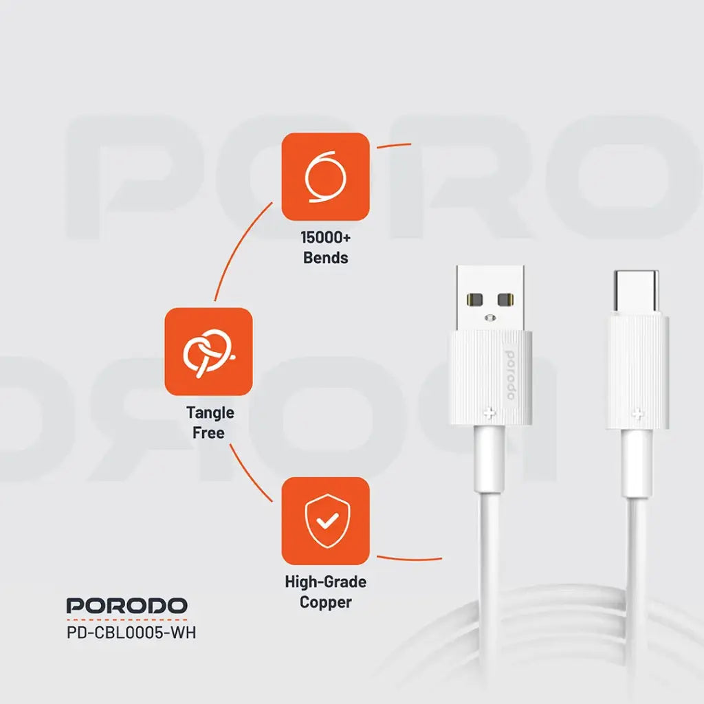 Porodo| USB-A to USB-C Durable Charging Cable 3M | White