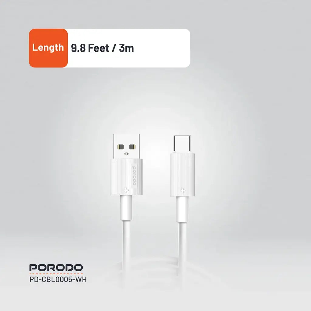 Porodo| USB-A to USB-C Durable Charging Cable 3M | White