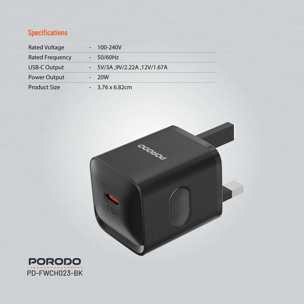 PD-FWCH023-C-BK | Porodo USB-C Power Delivery Wall Charger | Black