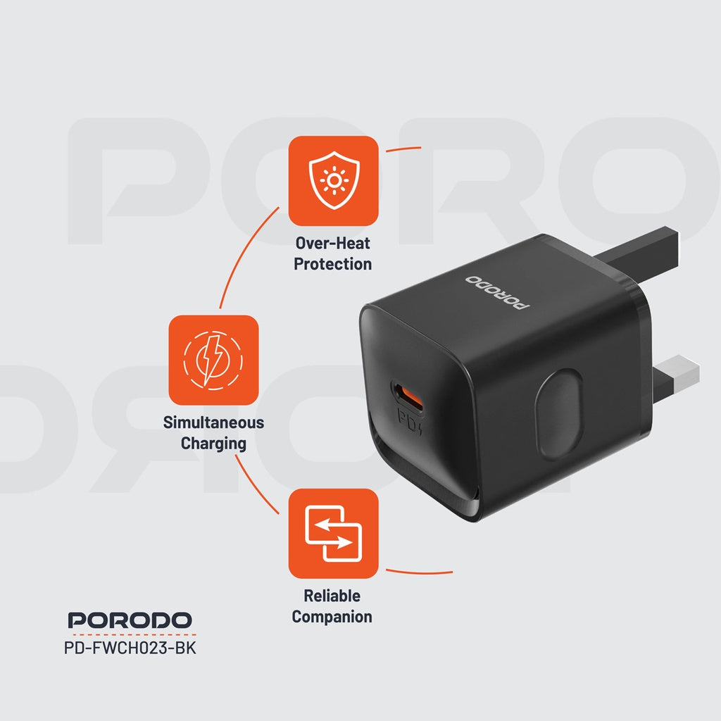 PD-FWCH023-C-BK | Porodo USB-C Power Delivery Wall Charger | Black