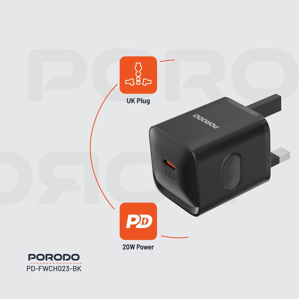 PD-FWCH023-C-BK | Porodo USB-C Power Delivery Wall Charger | Black