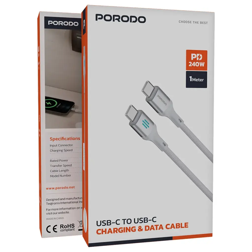 PDDC240| Porodo Usb-C To Usb-C 240W PD Charging & Data Cable 1M -Silver