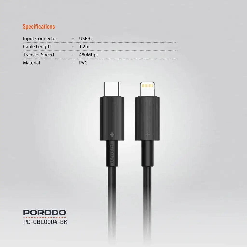 PD-CBL0004-BK , Porodo USB-C to Lightning Durable Charging Cable - Black - GulfStore.com