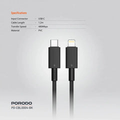 PD-CBL0004-BK , Porodo USB-C to Lightning Durable Charging Cable - Black - GulfStore.com