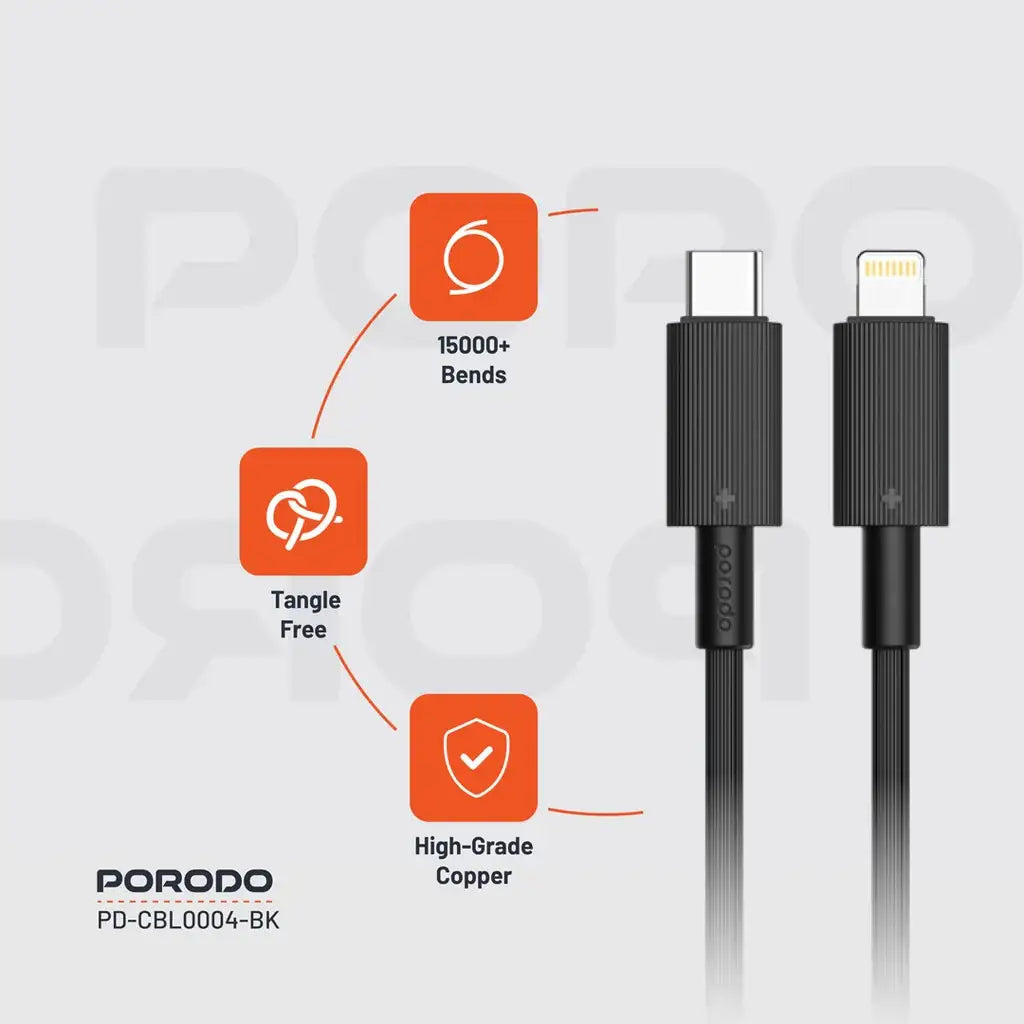 PD-CBL0004-BK , Porodo USB-C to Lightning Durable Charging Cable - Black - GulfStore.com