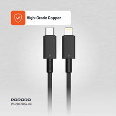 PD-CBL0004-BK , Porodo USB-C to Lightning Durable Charging Cable - Black - GulfStore.com