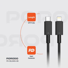 PD-CBL0004-BK , Porodo USB-C to Lightning Durable Charging Cable - Black - GulfStore.com