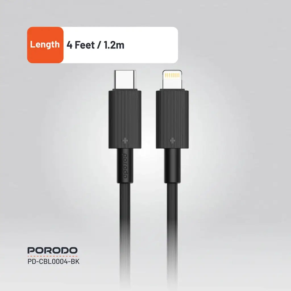 PD-CBL0004-BK , Porodo USB-C to Lightning Durable Charging Cable - Black - GulfStore.com