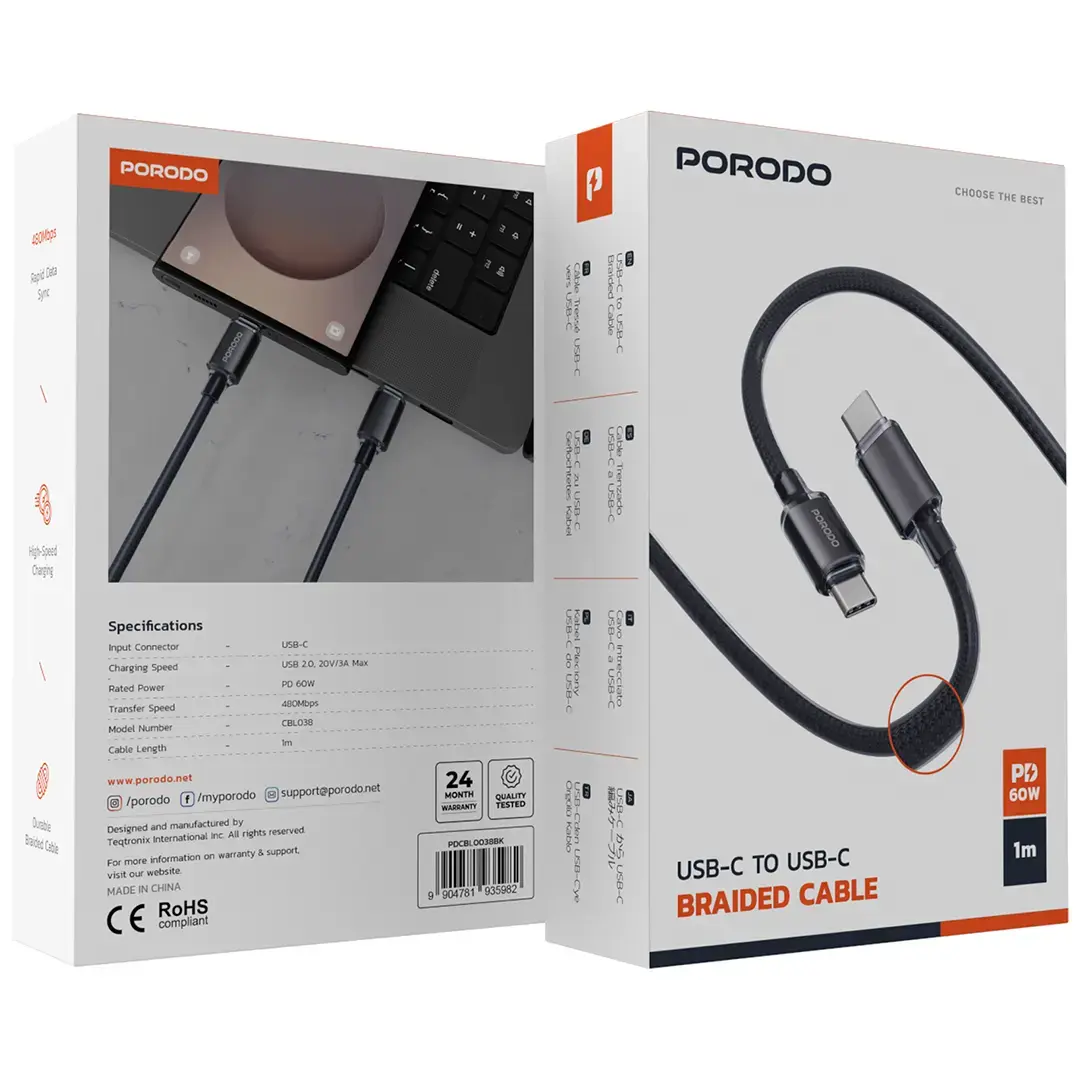 PDCBL0038 | Porodo Usb-C To Usb-C Braided Cable 1M - Black