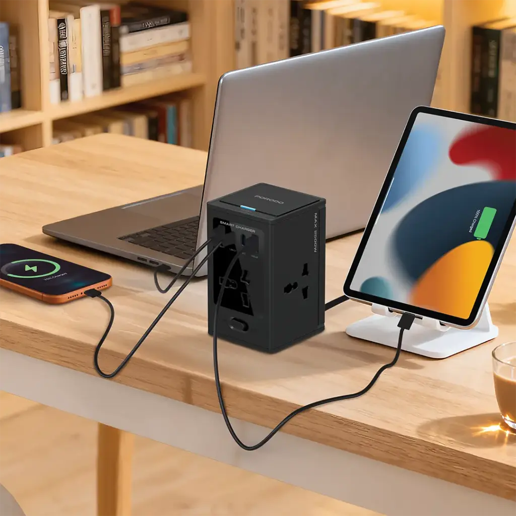 PDUNS8430BK | PDUNS8430BK | Porodo Universal GaN Multi-Port Cube Adapter with 4 AC Sockets | Black - GulfStore.com