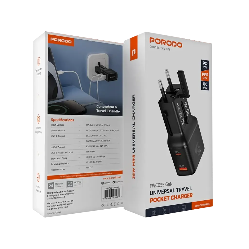 PD-FWCH055-BK , Porodo Universal Travel Pocket Charger - Black