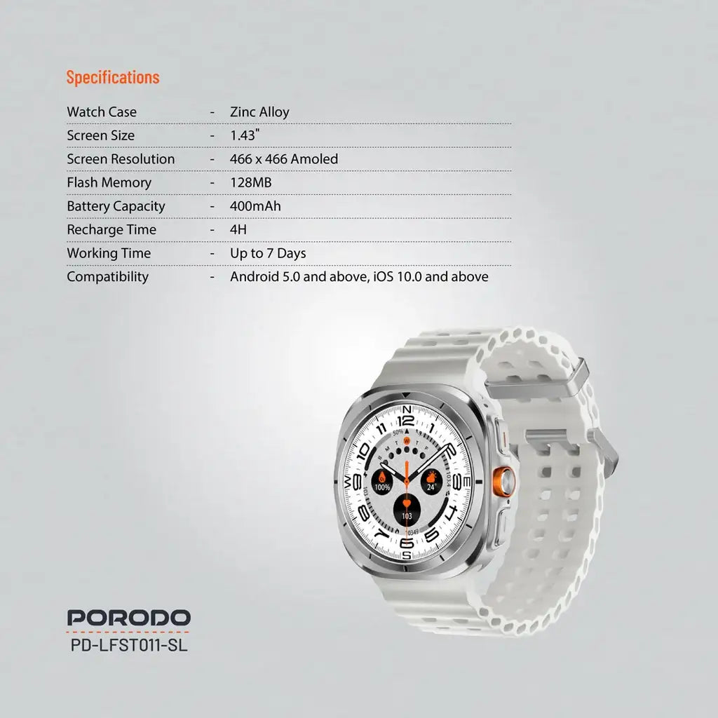 PD-LFST011-SL , Porodo Voyager Smart Watch - Silver - GulfStore.com