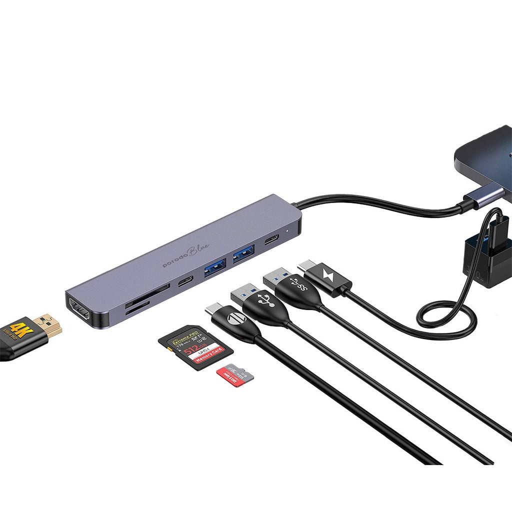 PB-71HBC-BK | موزع USB-C من بورودو أزرق، 7 منافذ، بدقة 4K، ومنفذ HDMI مزدوج، ومنفذ USB-C | أسود