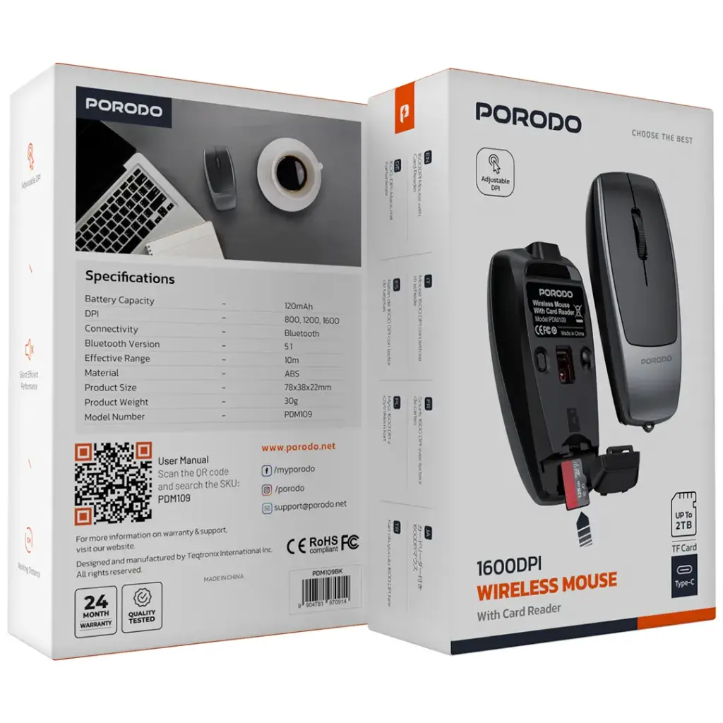 PDM109SL | Porodo Wireless Mouse 1600DPI with Card Reader | Silver