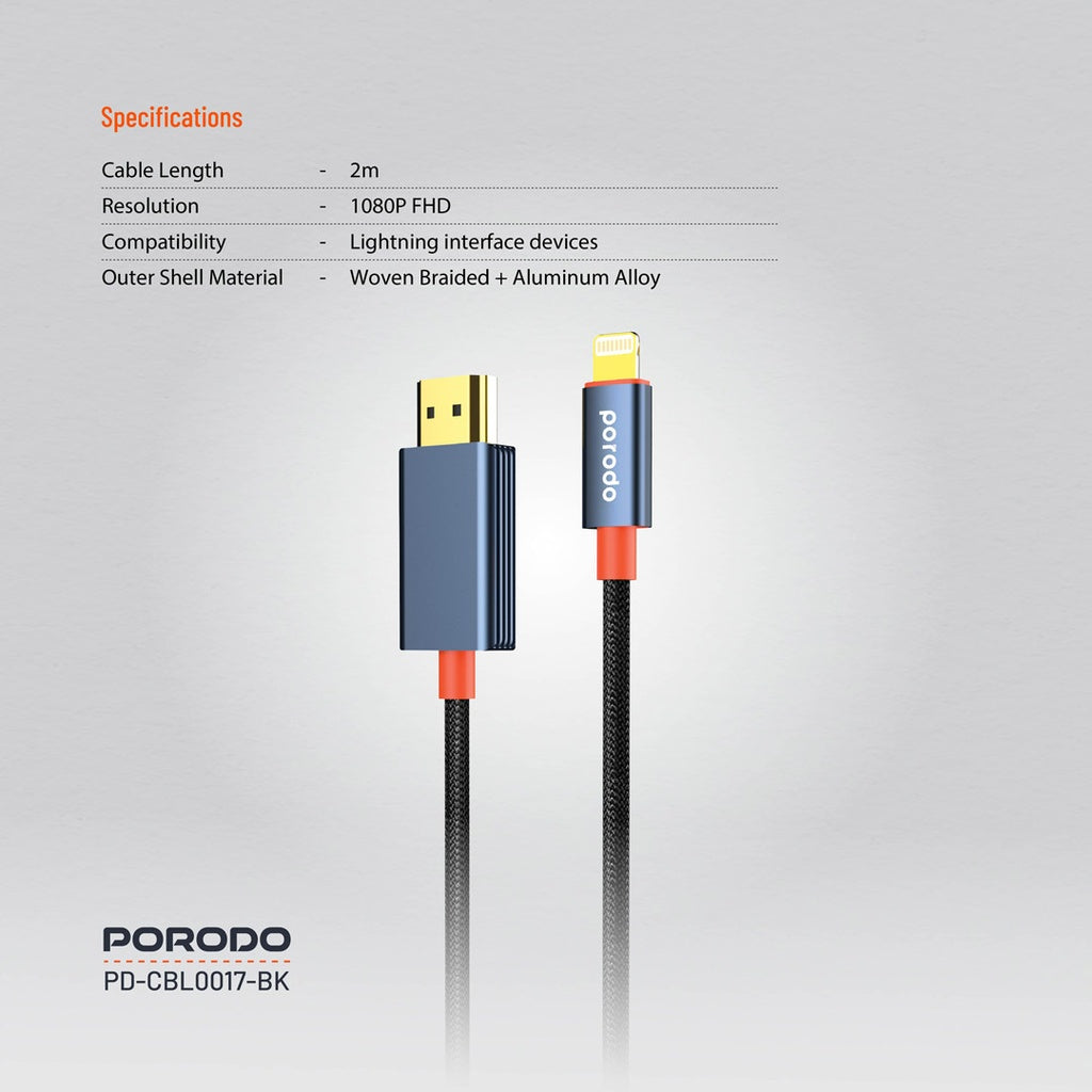 Porodo Woven Cable Lightning to HDMI - Black